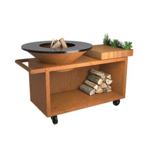 Barbacoa OFYR con mueble leñero, tabla de corte madera y ruedas (100 cm)