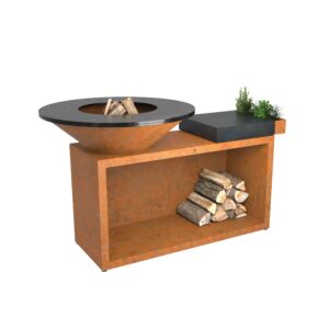 Barbacoa Corten con mueble leñero y tabla de corte