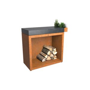 Mueble leñero OFYR corten oxidado con tabla de cerámica