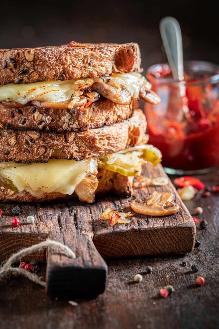 rustic and unhealthy toasts with cheese mushrooms and onion